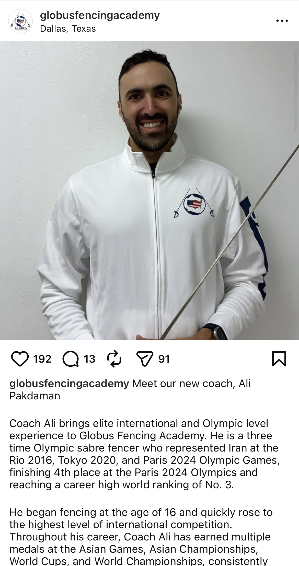 پاکدامن مربی آکادمی شمشیربازی گلوبوس در آمریکا شد