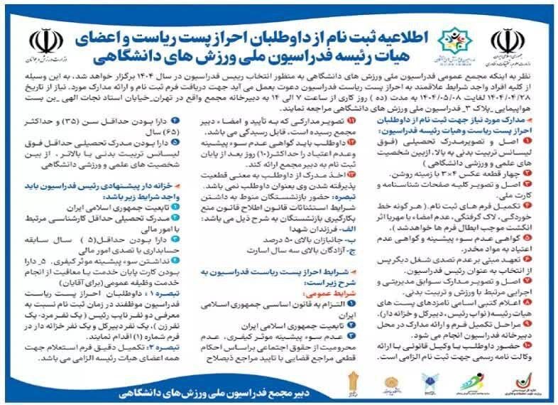آغاز ثبت‌نام داوطلبان ریاست فدراسیون ورزش‌های دانشگاهی