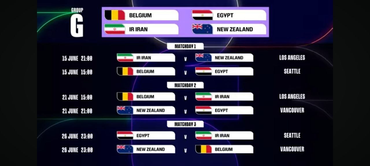 برنامه مسابقات تیم ملی ایران در مرحله گروهی جام جهانی؛ ایران در اولین دیدار به مصاف نیوزلند میرود برنامه مسابقات تیم ملی ایران در مرحله گروهی جام جهانی؛ ایران در اولین دیدار به مصاف نیوزلند میرود