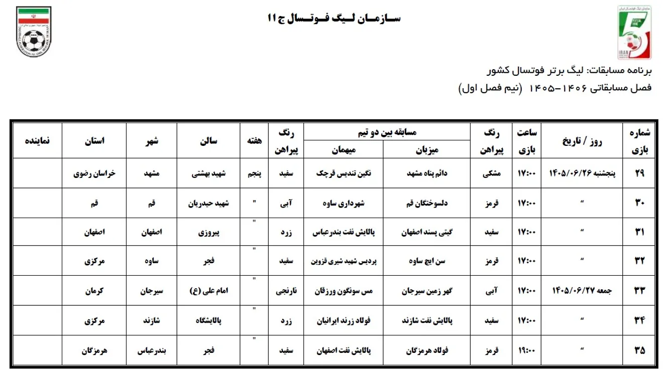 اعلام برنامه مسابقات نیم فصل اول لیگ برتر فوتسال