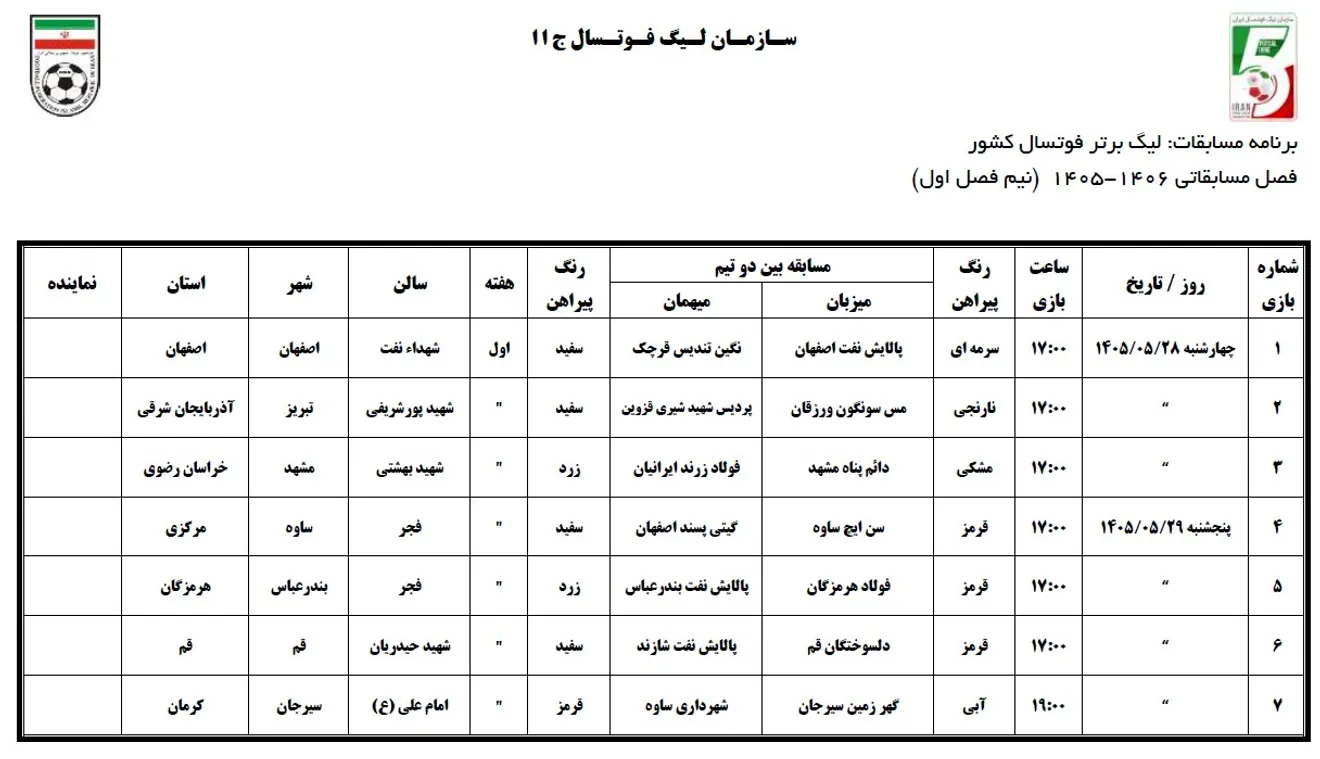 اعلام برنامه مسابقات نیم فصل اول لیگ برتر فوتسال