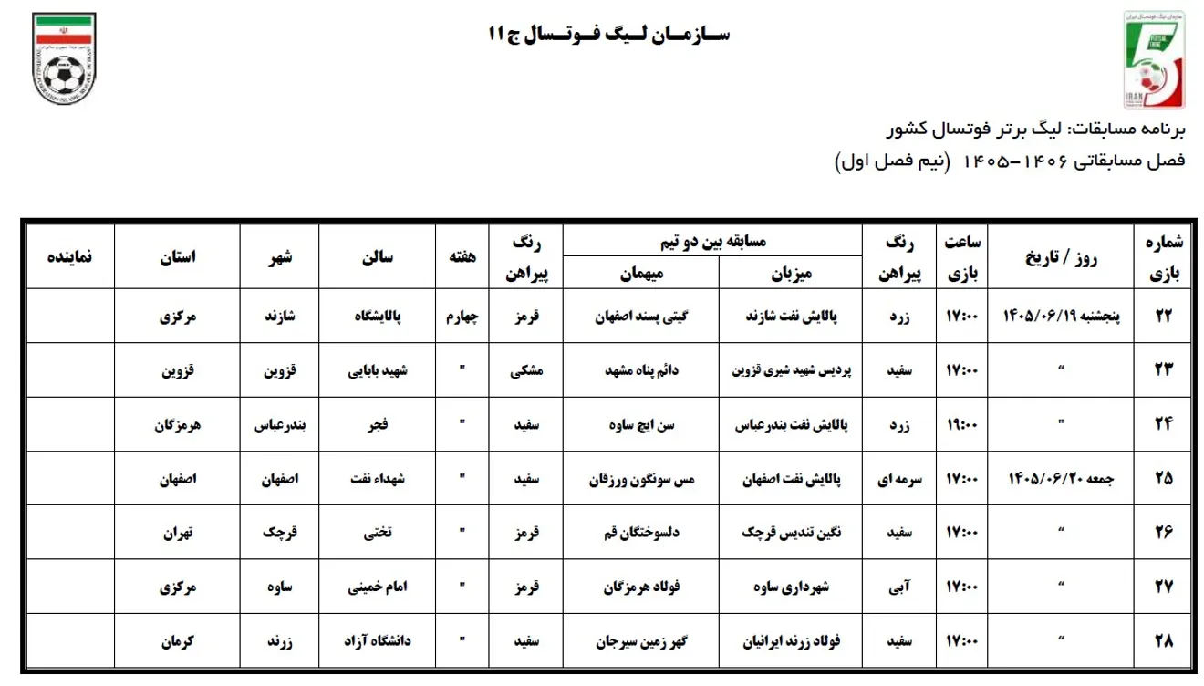 اعلام برنامه مسابقات نیم فصل اول لیگ برتر فوتسال