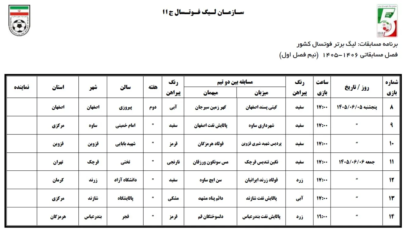 اعلام برنامه مسابقات نیم فصل اول لیگ برتر فوتسال