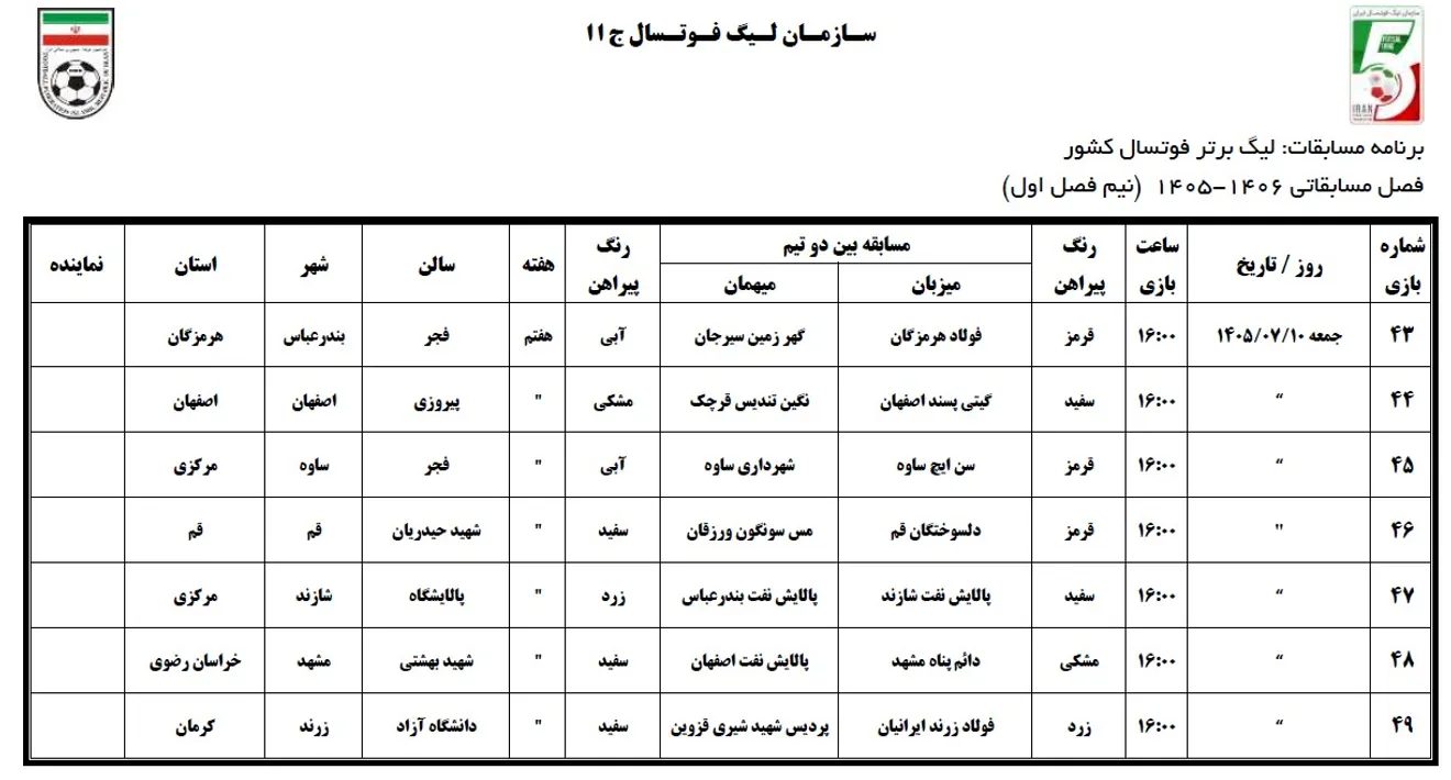 اعلام برنامه مسابقات نیم فصل اول لیگ برتر فوتسال